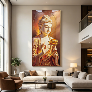 Luxury HD Print Crystal Porcelain <b>Painting</b> Buddha Lotus Wall Art Serene Wholesale Custom Glitter Details LED Buddhist Home Decor - Product Image 1