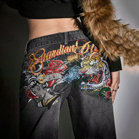 Jean en denim American High Street Tiger Rose à broderies lourdes, effet usé et craquelé, noir-gris, coupe ample et évasée