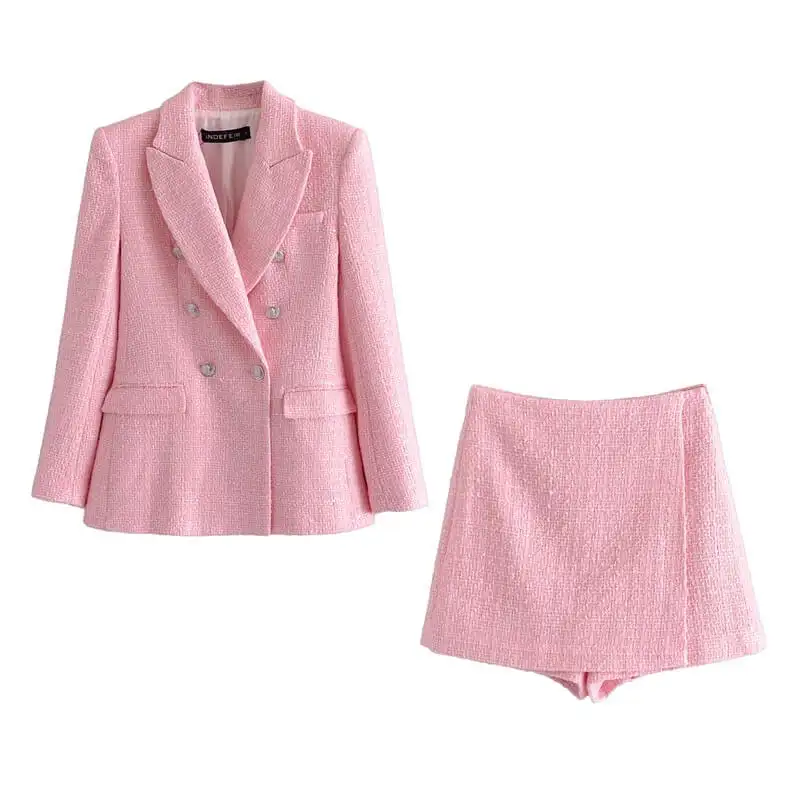 2022 Fall Women Suit Set Casual Fit Tweeds Blazers Suit Jacket and Skirt Skort Set Long Sleeve Working Ladies 2 Piece Set