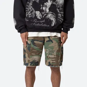 Summer Style Custom Streetwear Men's Distressed Camo Cargo Jean Shorts Boy
