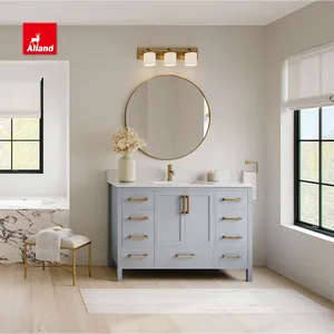 Allandcabinets solid wood luxury bathroom furniture cabinet basin for hand wash with lightly veined quartz countertop