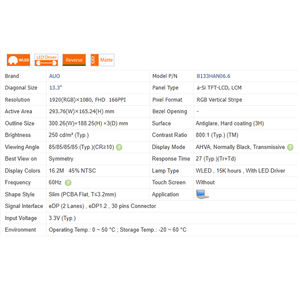 800:1 B133han06.8/1/5/6, 250 Cd/<span class=keywords><strong>M</strong></span> Gloednieuwe No Touch 16:9 Laptop Lcd-Scherm Module 1920*1080 Edp 40 Pins 13.3 "64% Srgb - Product Image 6