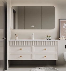 French-style Cream-Toned Ceramic One-Piece Basin with Smart Lighting <b>Mirror</b> <b>Wall</b>-Mounted Bathroom Vanity - Product Image 2