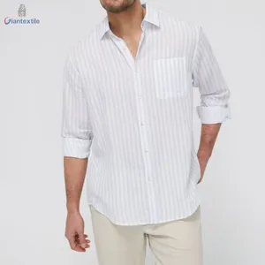 Toptan fiyat yüksek kalite erkek gömleği açık mavi şerit keten tatil için pamuklu uzun kollu tişört rahat gömlek