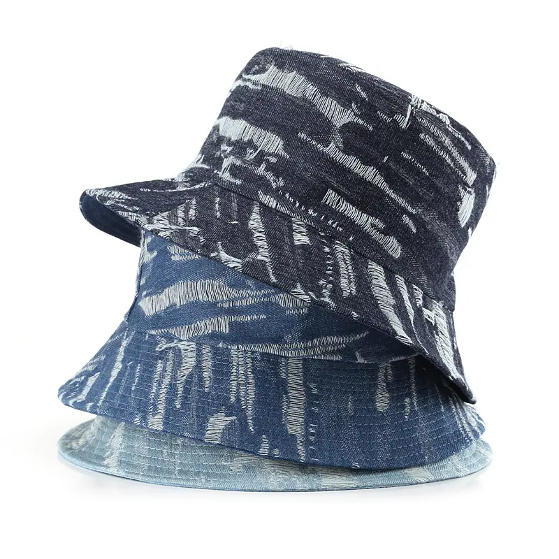 Panama Washed Denim Bucket Cap Hip Hop Solid Wide Brim Cotton Fisherman Sun Hat Beach Blank Summer Men Bucket Hats Denim Hats