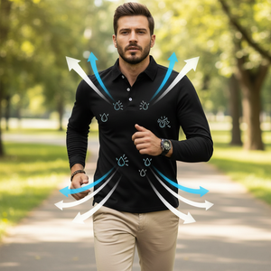 <span class=keywords><strong>Polo</strong></span> a Maniche Lunghe Nera da <span class=keywords><strong>Uomo</strong></span> con Bottoni Bianchi a Contrasto - Outfit Casual Elegante per Ambienti Naturali all'Aperto - Product Image 3