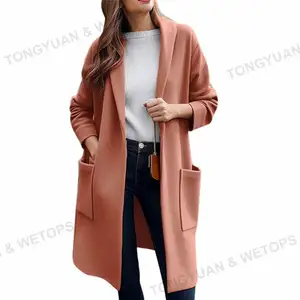 Custom Clothing Manufacturers Trendy Ladies Solid Color Long Jackets Midi Cardigans Buttons Fashion Wool Coats For Womens