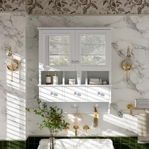 4 In 1 Bathroom <b>Mirror</b> Cabinet 24 Inch Wall Mounted With Drawers Organizer Hooks High Define <b>Mirrors</b> - Product Image 3