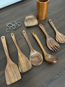 8件木制厨房用具套装木制炊具套装，带勺子，用于烹饪天然柚木和相思木材料 - Product Image 2
