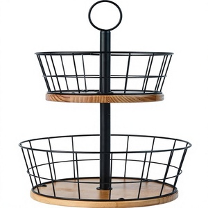 Corbeille à fruits ovale moderne en fil métallique noir à deux niveaux, design minimaliste pour le service alimentaire à la maison, durable, pour l'organisation de la cuisine - Product Image 2
