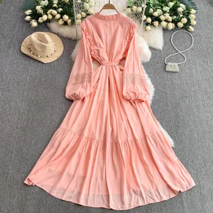 Vestido de noche de línea A de <span class=keywords><strong>moda</strong></span> coreana Vintage para <span class=keywords><strong>mujer</strong></span> Sexy dulce comestible árbol <span class=keywords><strong>hongo</strong></span> encaje botón manga larga drapeado sólido playa - Product Image 4