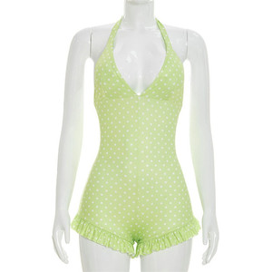 Combinaisons mignonnes à pois pour filles, avec col en V froncé et bretelles, style bandage, mode estivale, coupe moulante - Product Image 5
