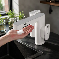 Robinet de cuisine monotrou sans contact en laiton, design moderne, à poser sur comptoir, avec distributeur de savon, finition brossée, garantie 5 ans