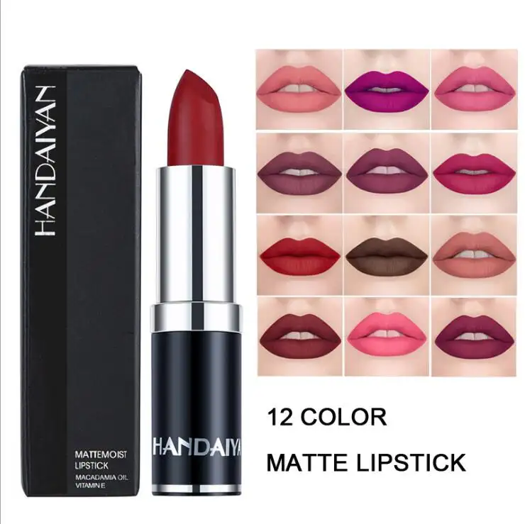 HANDAIYAN ลิปสติกแต่งหน้า12สีลิปแมท,ลิปแมทเนื้อกำมะหยี่ติดทนนานกันน้ำ