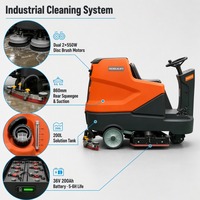 Autolaveuse autoportée 860 mm à double brosse, réservoir 200 L, 2x550W 36V 200Ah, autonomie 5-6h, nettoyeur ECO pour entrepôts logistiques, hôtels et supermarchés