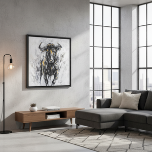 Abstract Bull Tempered Glass Wall Art: Modern Loft Decor Printed Canvas,<b>BLACK</b> <b>FRAMED</b> CANVAS - Product Image 3
