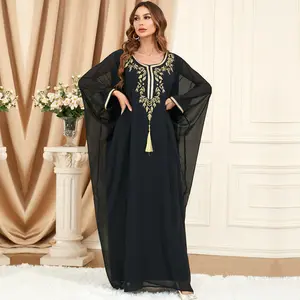 3471New black embroidery maternity chiffon dresses muslim women dress summer abaya women muslim dress simple