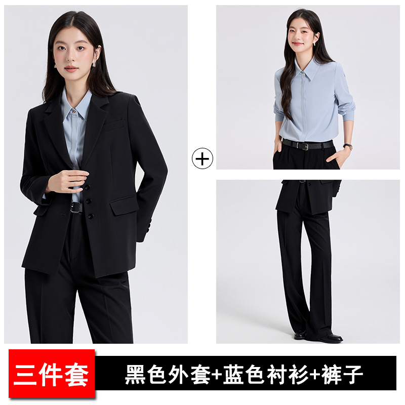 Black suit, blue shirt and trousers