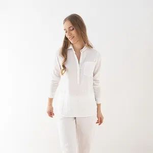 Camisa feminina 100% natural de linho, camisa casual branca de manga comprida, cor sólida e casual