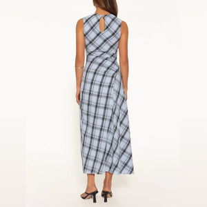 Abito Midi da <span class=keywords><strong>Donna</strong></span> Blu Ghiaccio a Quadri con Collo a Cappuccio, Vita Arricciata e Gonna Fluida a Trapezio - Elegante Vestito Casual da <span class=keywords><strong>Donna</strong></span> - Product Image 3