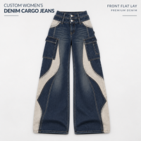 Jean cargo en denim color block personnalisé pour femme, taille haute, jambe large, patchwork, coupe évasée, double boutonnage, pour le streetwear