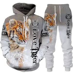New Animal 3D Tiger Printed Hoodie 2 Pcs Sportswear Tracksuit Set Autumn And Winter Men's Clothing