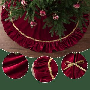 กระโปรงต้นคริสต์มาสกำมะหยี่สีแดงทรงกลมแบบจีบ สำหรับตกแต่งต้นคริสต์มาสสุดหรู ขายส่ง - Product Image 2