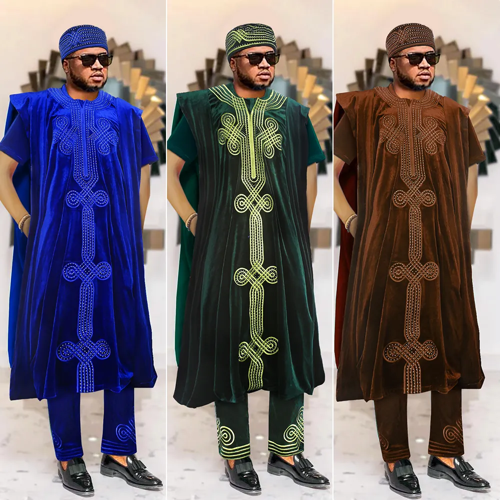 H & D 새로운 디자인 아프리카 벨벳 의상 남성 의류 자수 벨벳 Agbada 정장 모자