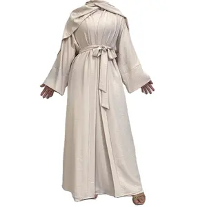 3 parça Set mütevazı başörtüsü eşarp islam Eid Kaftan ceket Burqa Abayas Dubai 2024 Kimono kadın müslüman elbise açık Abaya ile cep