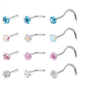 Clous de nez en acier inoxydable avec design floral en zircon, barres droites et courbes pour piercing de nez - Product Image 1