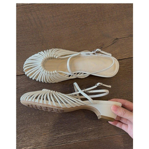 Sandalias Doradas con Tiras Tejidas para Mujer, Estilo Veraniego Tiras con hebilla en la parte trasera, tacones gruesos, suela ligera y transpirable. - Product Image 6