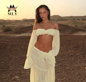 مخصص طويل الأكمام بدون حمالات أعلى محصول ملابس شاطئ مثير عارضة كشكش شاطئ التستر اللباس - Product Image 3