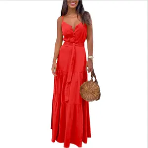 Ruyi Jurken Vrouwen Dame Elegante Groothandel Gepersonaliseerde Knoop V-Hals Stiksels Boho Lange Maxi Slip Casual Jurk Zomer Jurk