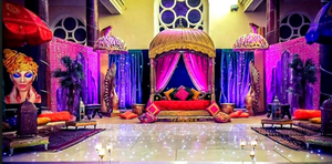 Wedding Mehndi Ceremony Wooden Moroccan <b>Bed</b> Set Traditional Wooden Moroccan <b>Bed</b> Set With Colorful Fabric Drapes For Mehndi Stage - Product Image 6