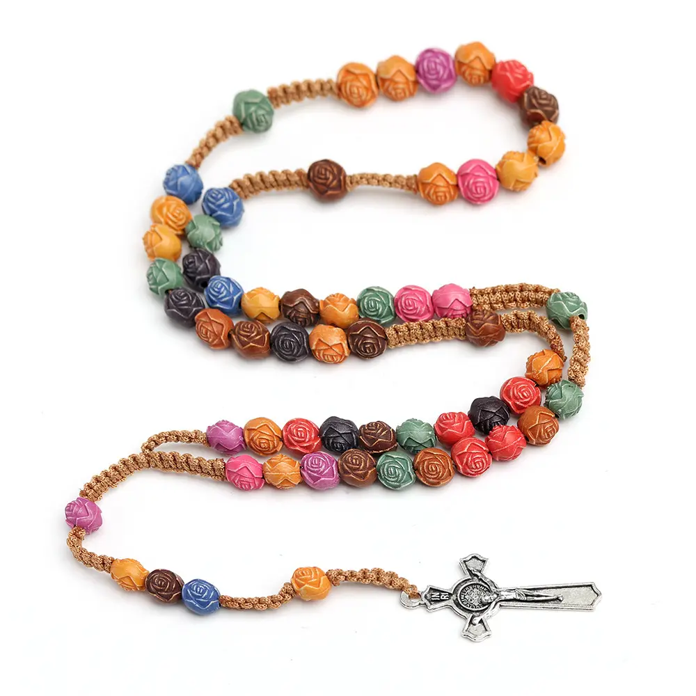 Catholic Multi-color Pearl Beads Rosary Necklace Our Rose Lourdes Medal & Cross NS