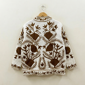 Chaqueta de algodón texturizado blanco premium con bordado floral tradicional marrón hecho a mano para mujer, elegante chaqueta Rajasthani. - Product Image 2
