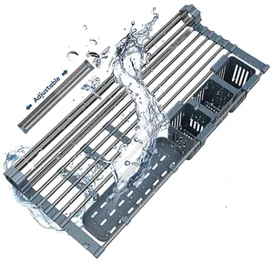 Expandable Roll Up Dish Drying Rack Up to 22.8''with 2 Storage Baskets,Over The Sink Kitchen Rolling up Dish Drainer