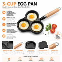 Poêle à œufs en fonte à 3 compartiments, poêle à petit-déjeuner pré-culottée avec manche en bois, ustensile de cuisson pour crêpes, vente en gros OEM