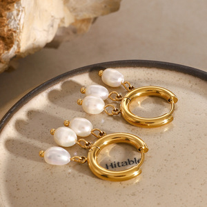 18k Gold Stainless Steel Hoop Earrings With Three White Freshwater Pearls Everyday Wear - Product Image 2