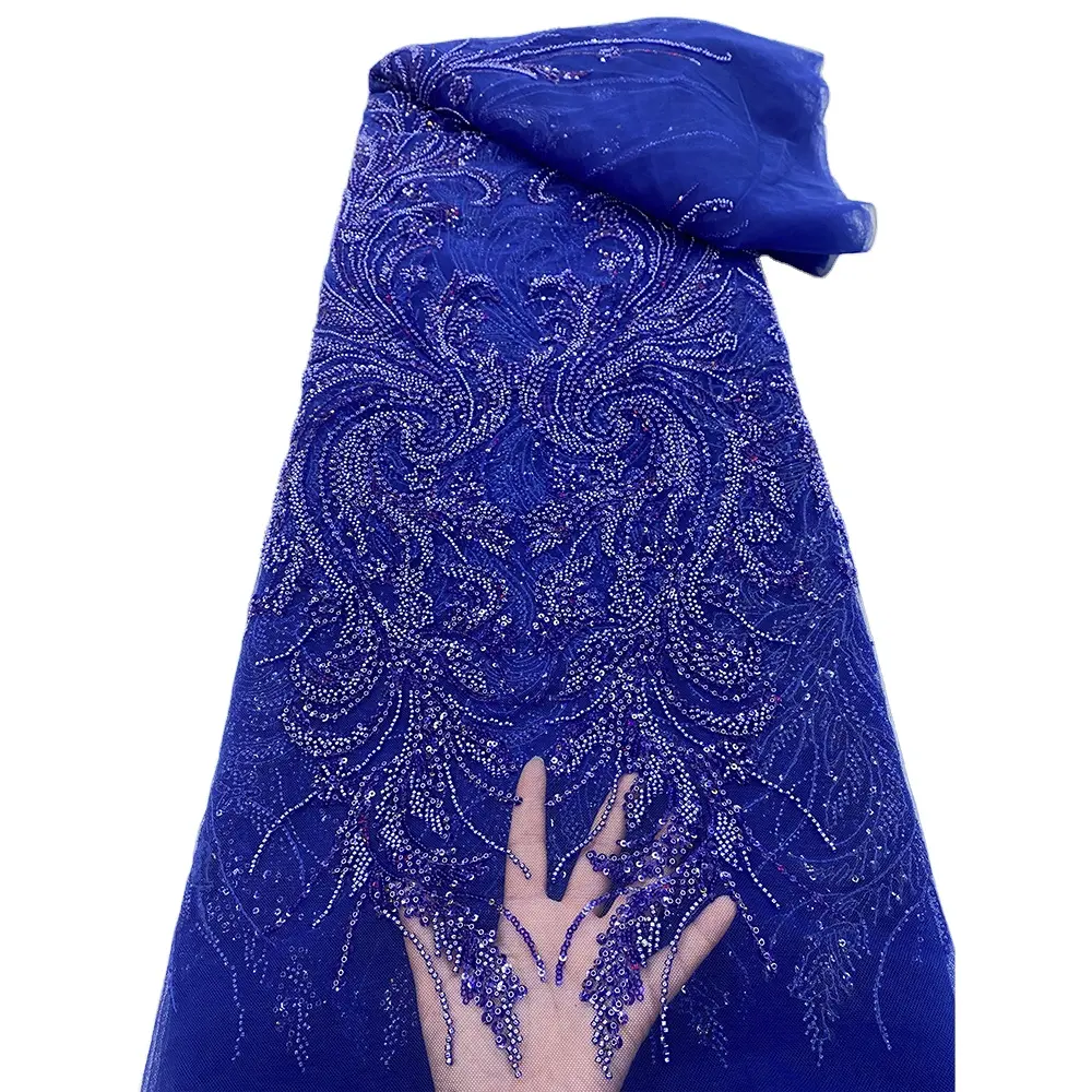 HFX — tissu brodé de luxe, dentelle africaine avec perles, Tulle, bleu Royal, pour couture de mariage, 2022