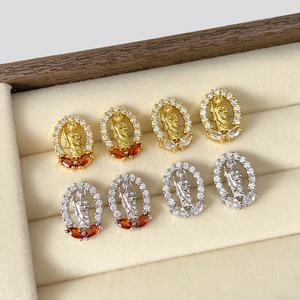 <b>Bling</b> Paved Cubic Zirconia 18K Gold Plated Religious Saint Pendant Necklace <b>Earrings</b> Set for Women Daily - Product Image 3