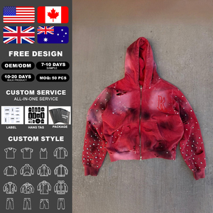 OEM Custom logo logo Vintage Wash Rhinestone Hoodie Men Streetwear Distressed Sun Faded Cropped Hoodie Fashion Full Zip Hoodie - Product Image 2