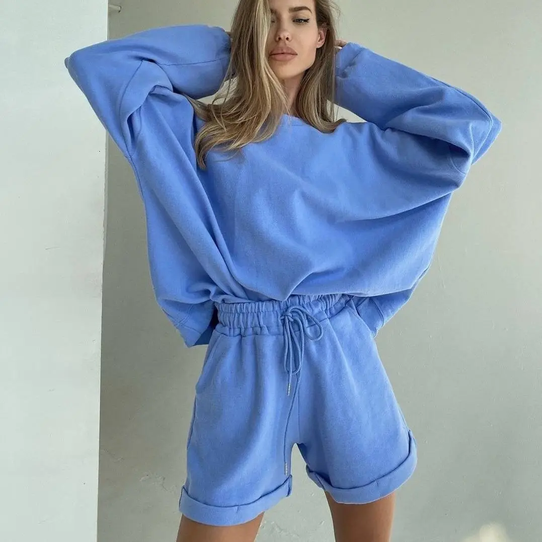 2022 Eropa dan Amerika Baru Wanita Lengan Panjang Leher Bulat Top Longgar Celana Pendek Fashion Dua Potong Suit Sweater
