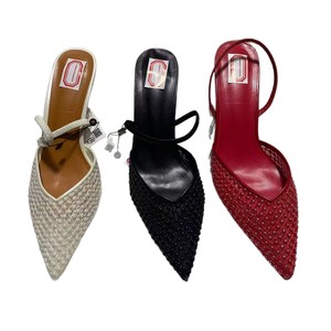 2026 Summer Fashionable Red Mesh Beads High Heels Korean Style Pointed Toe <b>Half</b>-<b>Slip</b> <b>Slip</b>-On Versatile Outdoor Height Increasing - Product Image 5