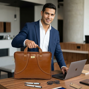 WRIZA Unisex Brown Genuine Leather Softback Laptop Bag Modern Office Briefcase Lightweight Large Capacity Durable Handmade <b>Dot</b> - Product Image 3