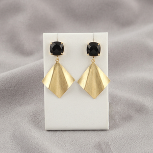 Checker Cut Black Onyx Cushion Gemstone Drop Stud Earring with <b>Brushed</b> Finish Metal Brass 18k Gold Plated Women Jewelry Earring - Product Image 1