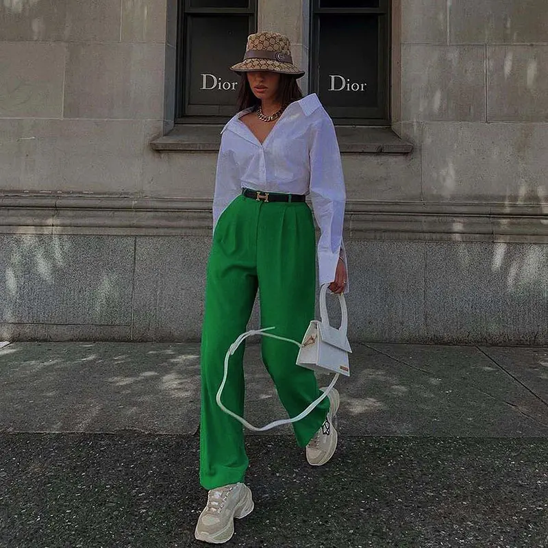Pantalones holgados elegantes de cintura alta para mujer, ropa informal con estilo, novedad de 2021
