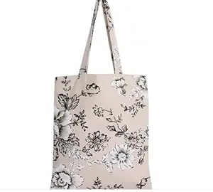 Bolso de compras ecológico reciclado personalizado con patrón de flores para mujer, bolso de mano de lona de algodón