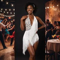 Robe de soirée sexy en tissu maille diamantée pour femme, col en V profond, robe de danse latine à franges, mini-robe pour spectacle d'été