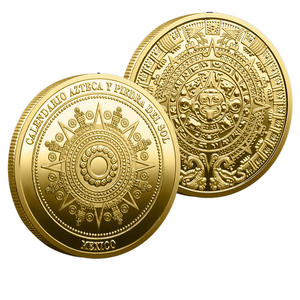 Moneda Conmemorativa del Calendario Azteca del Sol, Chapada en Oro y Plata 3D, Bicolor, Coleccionable de la Antigua Civilización Mexicana - Product Image 1